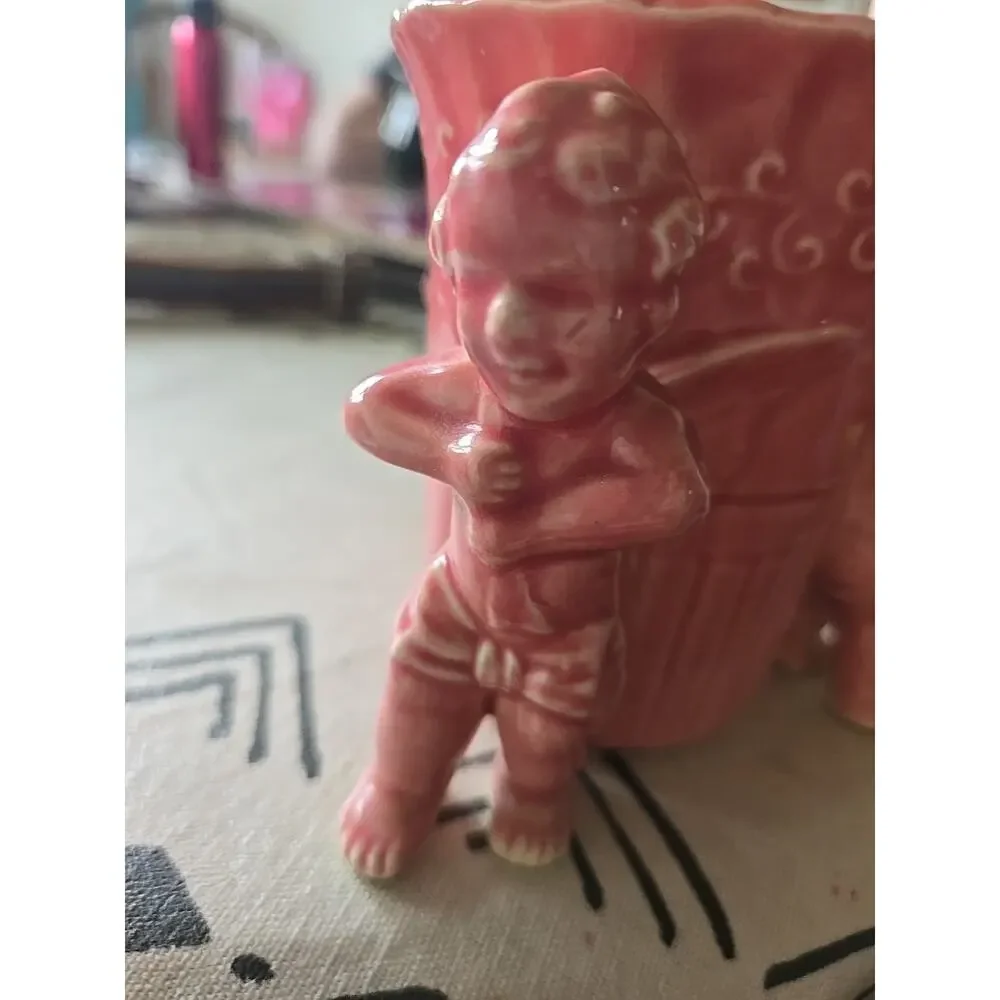 Vtg Ceramic Japan 3-Cherub Angels Planter w/ Scalloped Rim /w Damage